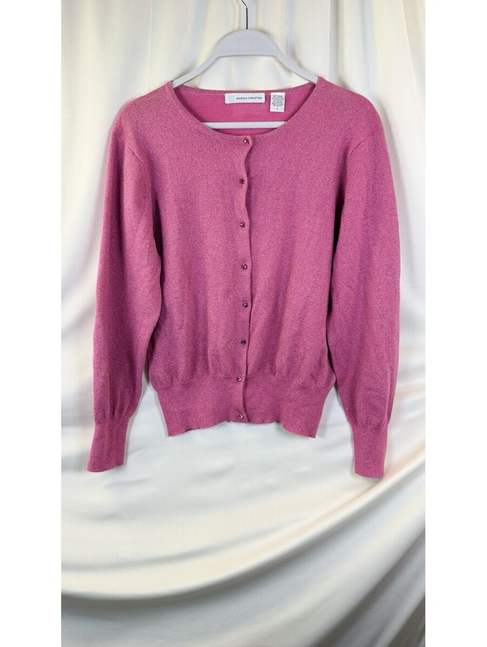 Marisa Christina Pink Sparkle Full Button Sweater Cardigan Large Cotton Blend